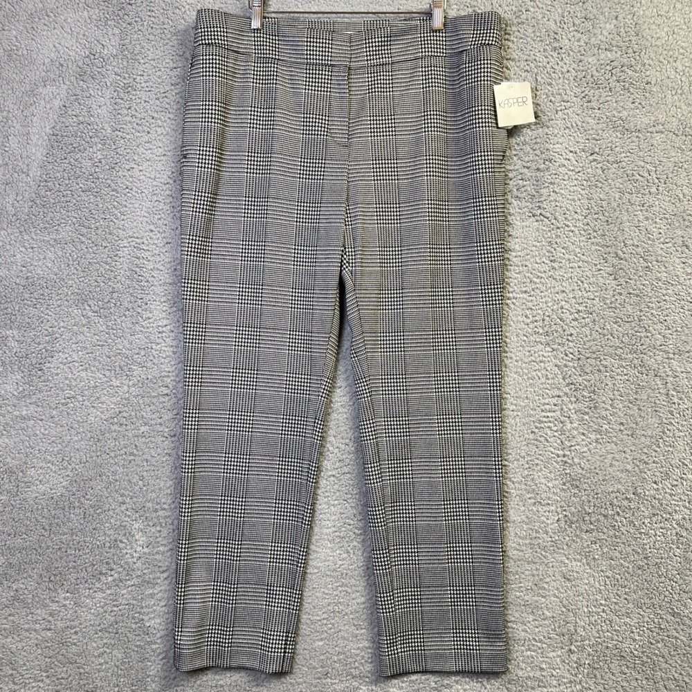 NWT Kasper Dress Pants Women 16 Black White Glen Plaid Pull On Trousers Career